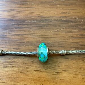 Pandora Authentic Clear Murano Glass Charm w/ Green, Blue & Yellow Flowers